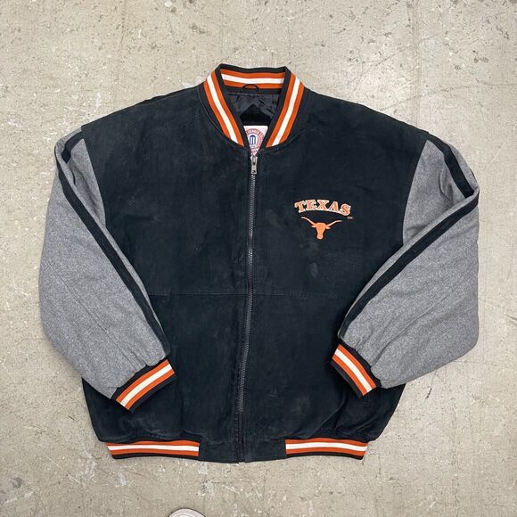 Vintage Texas Longhorns Jacket Mens XL Black Varisty Suede Leather Wool Bomber